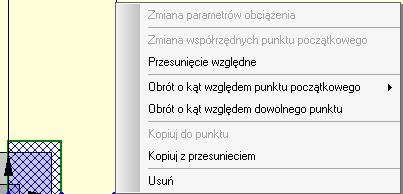 Program pozwala na wykonanie następujących rodzajów edycji na grupie obciążeń: Przesunięcie względne, Obrót o kąt względem punktu początkowego, Obrót o kąt względem dowolnego punktu, Kopiuj z