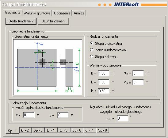 Rodzaj fundamentu: Stopa prostokątna: [-] Ława fundamentowa: [-] Stopa kołowa: [-] Znacznik ustalający czy dany fundament jest stopą prostokątną.