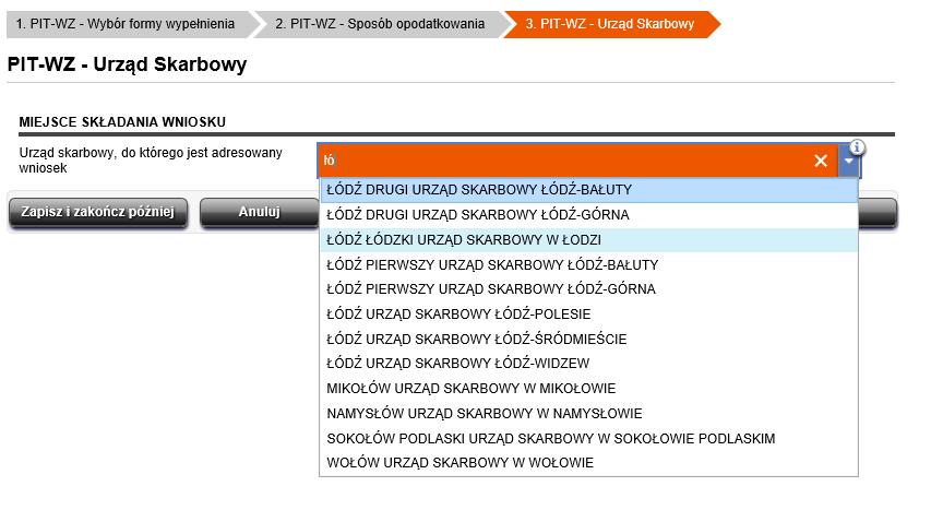 Krok 5 W kolejnym kroku należy wybrać (z rozwijanej listy) właściwy urząd skarbowy, do którego adresowany jest dokument Należy podać nazwę właściwego dla podatnika urzędu skarbowego, o którym mowa w