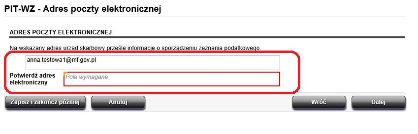 Krok 13 Ostatni krok to wskazanie i potwierdzenie adresu e-mail, na który zostanie wysłana przez administrację skarbową informacja o sporządzeniu zeznania podatkowego PIT-37 za rok 2016 albo