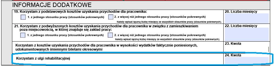 Podatnik może zaznaczyć, że korzysta z kosztów uzyskania przychodów ryczałtowych zaznaczając pozycję P19, P21 albo pozycję P23.