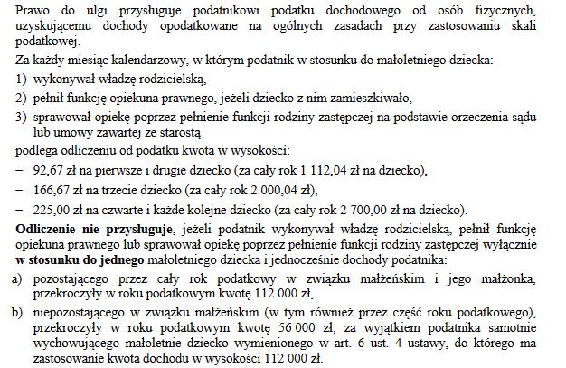 Dane identyfikacyjne dzieci, Okres korzystania z ulgi, Kwotę przysługującego odliczenia z tytułu ulgi na dzieci.