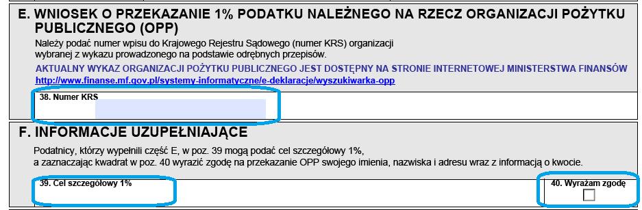 Poz. 39 - Po wpisaniu numeru KRS Organizacji Pożytku Publicznego, można podać w poz.