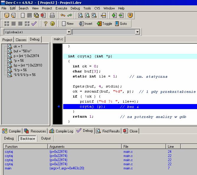 kompilator Dev-C++ przykład 1 linia 22