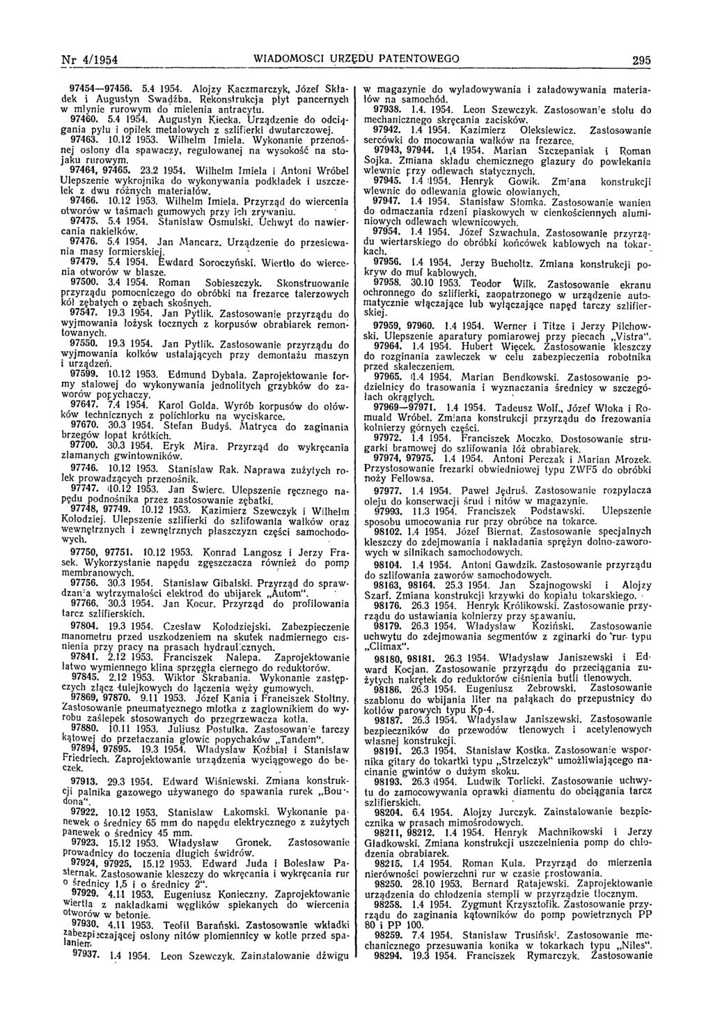 N r 4/1954 W IADOMOŚCI URZĘDU PATENTOWEGO 295 97454 97456. 5.4 1954. A lojzy K aczm arczyk, Józef S k ła dek i A ugustyn Sw adźba.