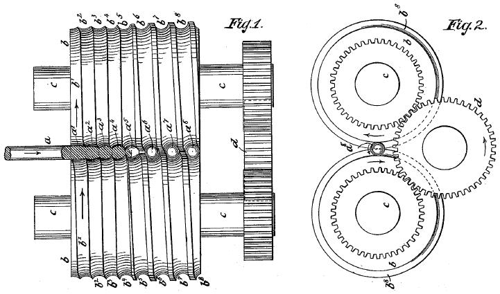 1. Wprowadzenie Rys. 1.4. Agregat do walcowania kul oraz jedno z narzędzi kształtujących, opracowane przez Putnam'a w 1899 roku [94] W 1899 roku Putnam przedstawił nową koncepcję walcowania kul [94].