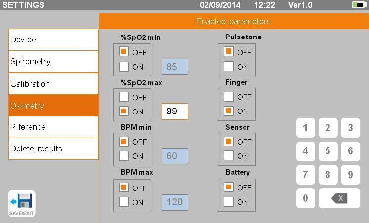 Procedurę kalibracji opisano w części 2.5.1 poniżej. Spirolab Oximetry W tym oknie można skonfigurować alarmy powiązane z badaniem pulsoksymetrycznym.