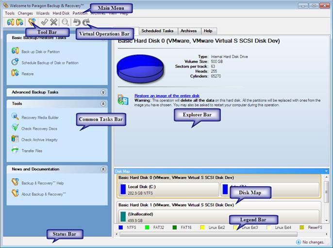 1. Main Menu 2. Tool Bar 3. Virtual Operations Bar 4. Common Tasks Bar 5. Explorer Bar 6. Disk Map 7. Legend Bar 8.