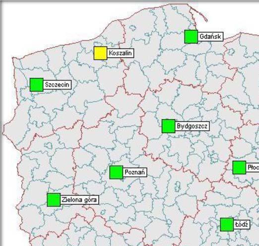 Rys.3a Mapa Polski prezentująca rozmieszczenie baz LPR114 Szpitalne Oddziały Ratunkowe Obecnie w Polsce, według