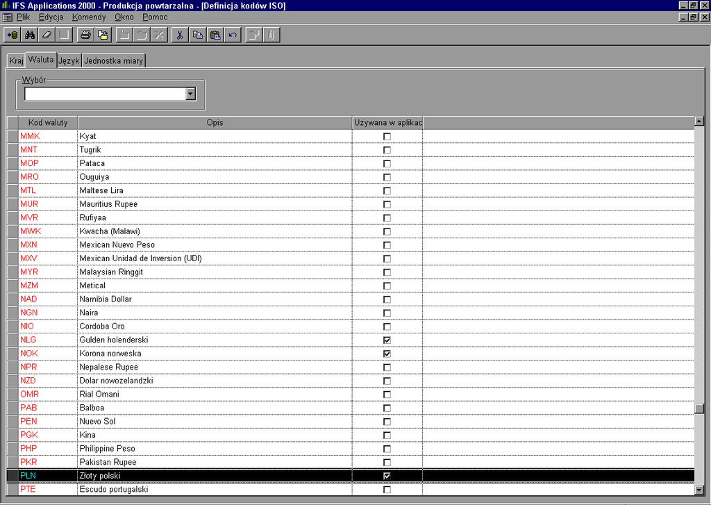 W aplikacji będą dostępne tylko te waluty, dla których zastaną zaznaczone pola w kolumnie Używane w aplikacji.