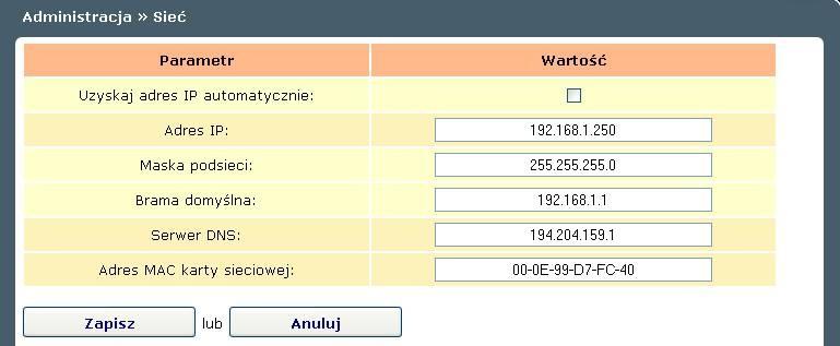 5.2. Konfiguracja interfejsu Ethernet (LAN) centrali Prima mini Ustawienia interfejsu Ethernet (LAN) centrali Prima mini dostępne są na stronie Sieć (menu Administracja).