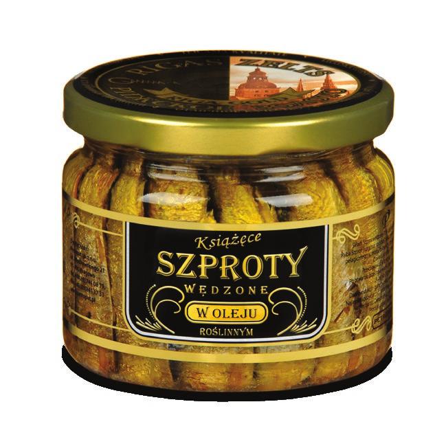 SZPROTY WĘDZONE W OLEJU ROŚLINNYM Masa netto: 270g Masa netto ryb: 1g Skład: szprot 70%, olej roślinny 2,7%, sól Szproty wędzone w galaretce Masa netto: 20g Masa netto ryb: 170g Skład: szprot 60.