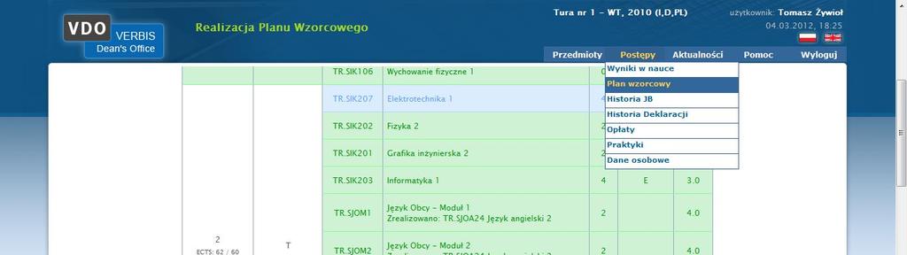 5. REALIZACJA PLANU WZORCOWEGO Aby przejść do strony realizacji planu wzorcowego należy kliknąć zakładkę