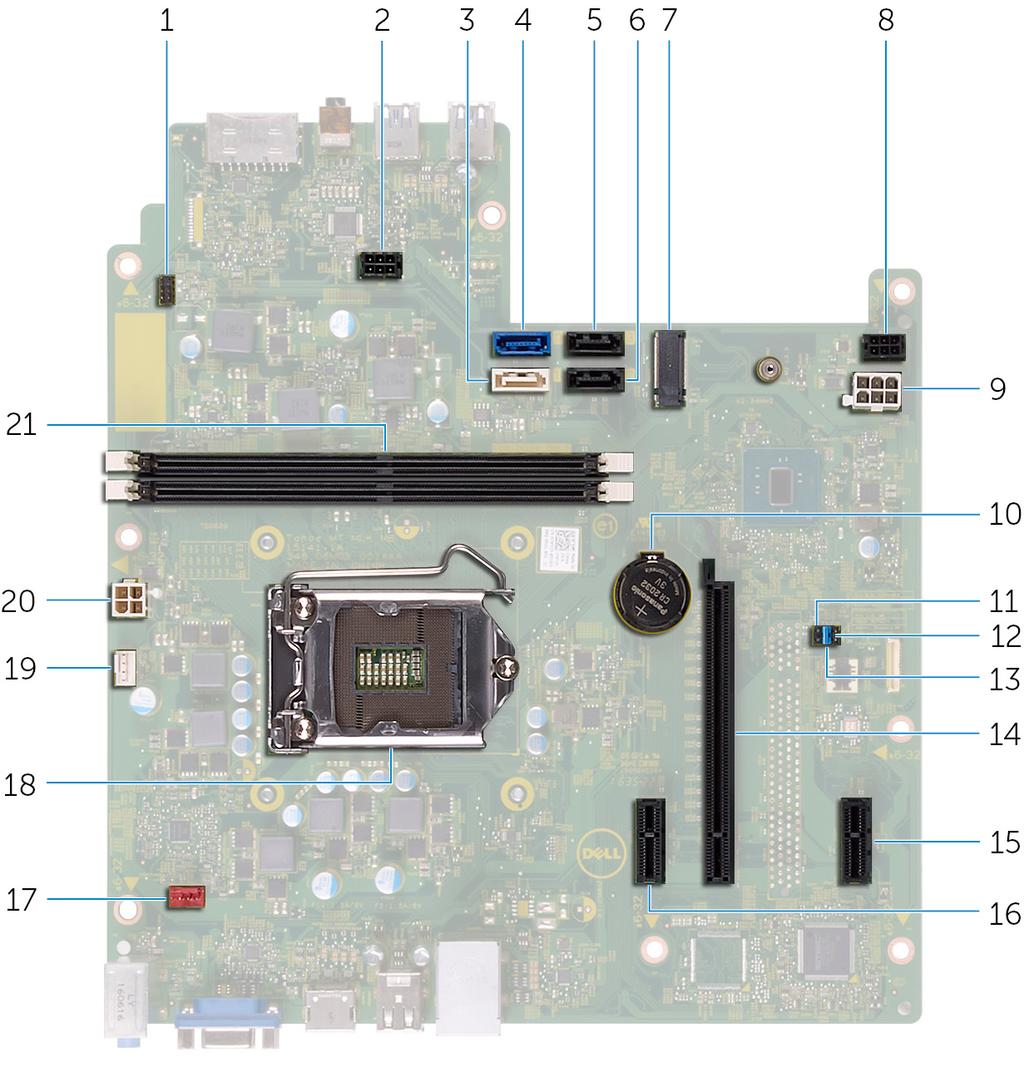 Elementy płyty systemowej 1 złącze kabla przycisku zasilania 2 złącze zasilania napędu dysków optycznych 3 Złącze SATA 1 4 Złącze SATA 0 5