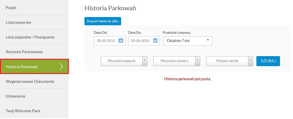 5. Historia parkowań Zakładka Historia parkowań udostępnia administratorowi możliwość weryfikacji wszystkich parkowań za wybrany okres czasu.