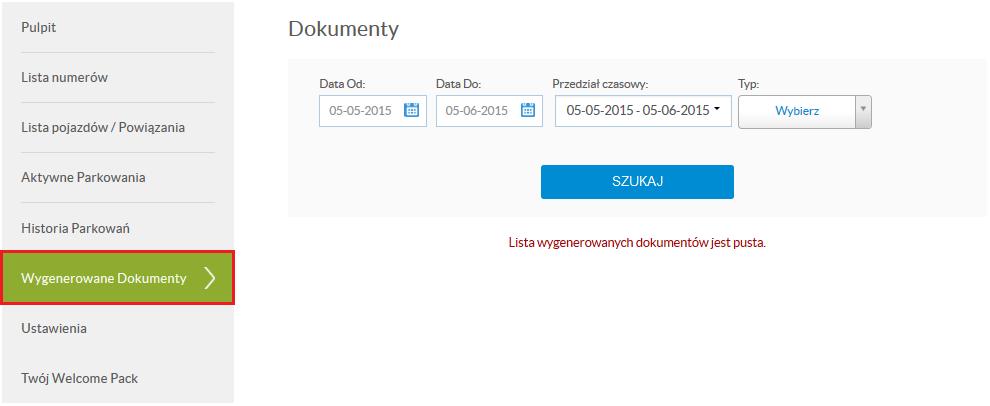 6. Wygenerowane dokumenty Zakładka Wygenerowane dokumenty pozwala administratorowi na pobranie dokumentów księgowych wystawianych przez SkyCash po pełnym okresie rozliczeniowym (miesiąc kalendarzowy).