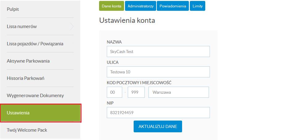 7. Ustawienia Zakładka Ustawienia pozwala administratorowi na edycję danych dotyczących firmy, administratorów, powiadomień o saldzie oraz limitów związanych z parkowaniem dla wybranego użytkownika.