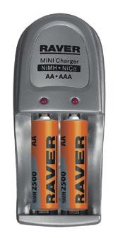 ładowarki Raver MINI + 2 x 2500mAh AA automatyczny wybór prądu ładowania ładuje 1 lub 2 akumulatory AAA, AA, NiCd lub NiMH prąd ładowania: AA 220mA / AAA