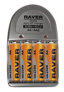 zestawie: 2 x AA RAVER NiMH 2500mAh : blister waga netto 301 g waga brutto 329 g Raver MINI + 2 x 1000mAh AAA automatyczny wybór prądu ładowania ładuje 1