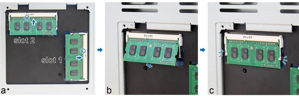 Odłącz wszystkie kable podłączone do serwera DiskStation, aby zapobiec ewentualnym uszkodzeniom. 2 Moduły pamięci RAM znajdują się w dolnej części jednostki DS1517+.