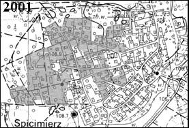 pl (2001) Niewielkie zmiany zaszły w obrębie wsi Kolonia Spicymierz. Układ rzędówki utrzymał się.