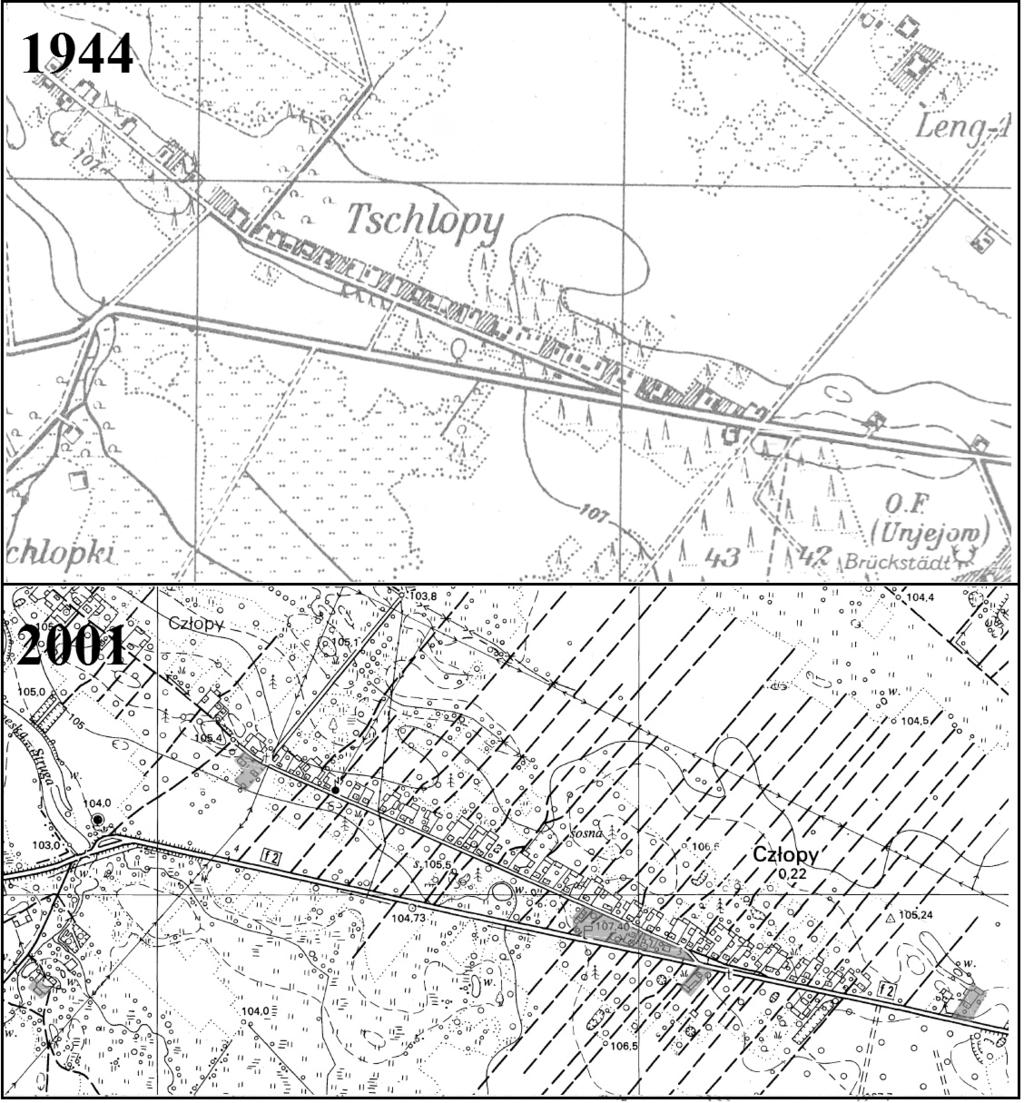 108 Dominik Nogala, Paweł Nowicki Ryc. 6. Obszary rozwoju nowej zabudowy we wsi Człopy Źródło: opracowanie własne na podstawie map topograficznych OKH (1944) i z geoportal.gov.