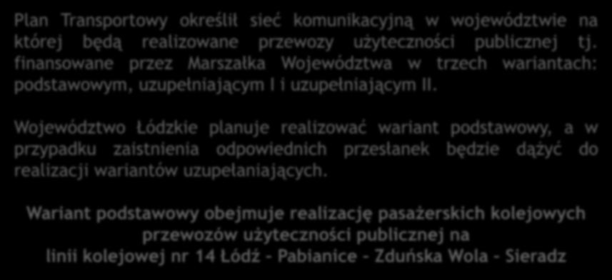 Plan Zrównoważonego Rozwoju Publicznego Transportu Zbiorowego dla Województwa Łódzkiego Plan Transportowy określił sieć komunikacyjną w województwie na której będą realizowane przewozy użyteczności