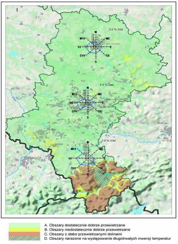 Rysunek 4.5 Warunki przewietrzania obszarów województwa śląskiego wraz z danymi na temat częstości występowania wiatru Źródło: spjp.katowice.pios.gov.