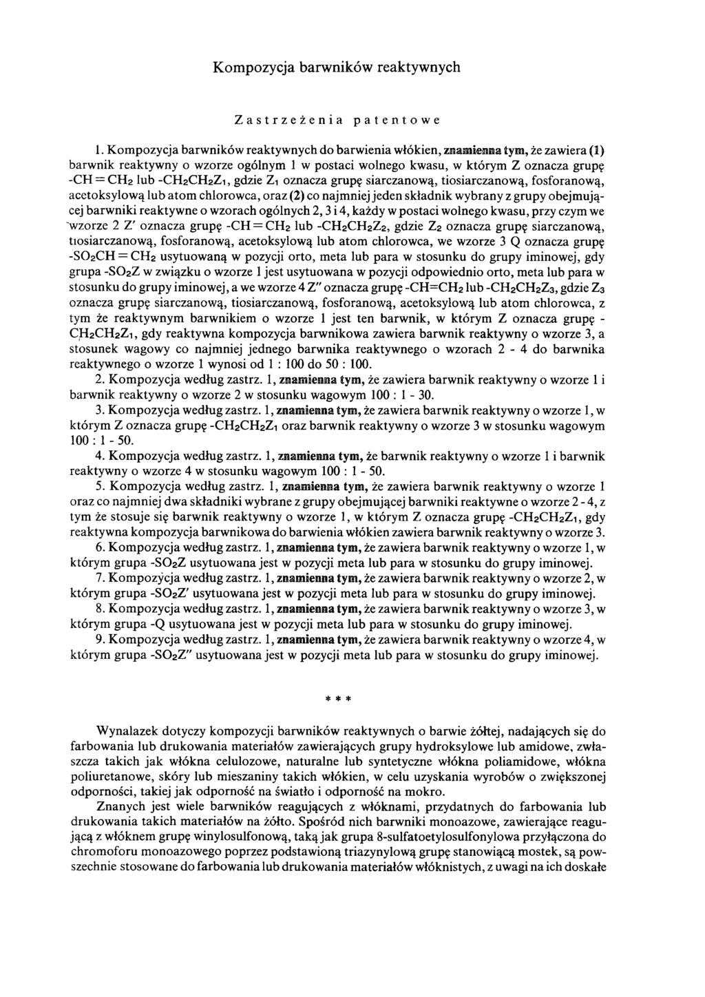 Kompozycja barwników reaktywnych Zastrzeżenia patentowe 1.