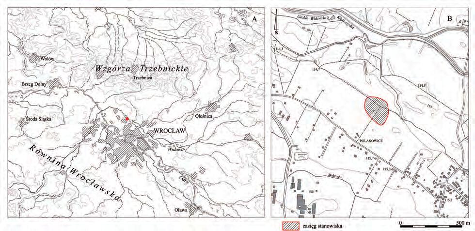 MIROSŁAW MASOJĆ Ryc. 2. Stanowisko Wrocław-Widawa 17: a lokalizacja; b zasięg. Rys. N. Lenkow Fig. 2. Site Wrocław-Widawa 17: a location; b range. Drawing N.
