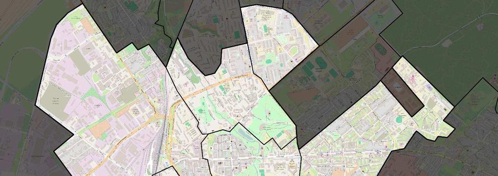 Rysunek 4. Zasięg przestrzenny obszaru zdegradowanego z podziałem na jednostki urbanistyczne.