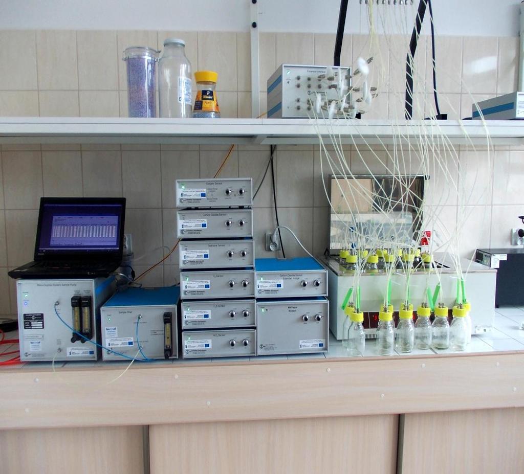 Wydajności produkcji biogazu (z uwzględnieniem metanu i ditlenku węgla) określono metodą respirometryczną (respirometr Micro-Oxymax the Columbus Instruments).