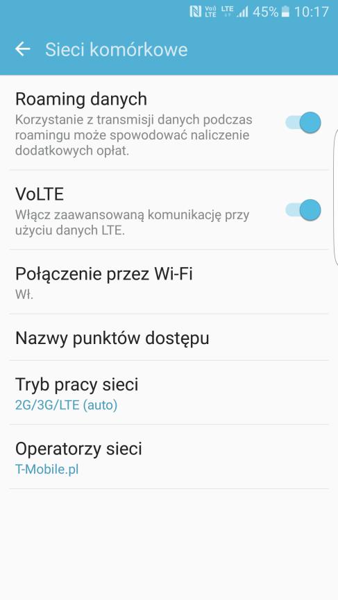 2. Sprawdź stan włączenia usługi w telefonie Aplikacje/Ustawienia/Sieci