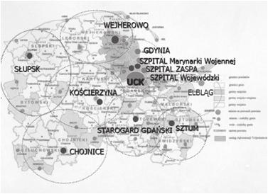 Grzegorz Kozera i wsp., Udar mózgu dane z rejestru PRUM Rycina 1. Mapa sieci oddziałów udarowych w województwie pomorskim (dzięki uprzejmości Urzędu Marszałkowskiego Województwa Pomorskiego) Figure 1.