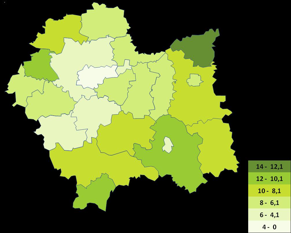 Mapa 1 Przestrzenne zróżnicowanie stopy bezrobocia (%) w Małopolsce marzec
