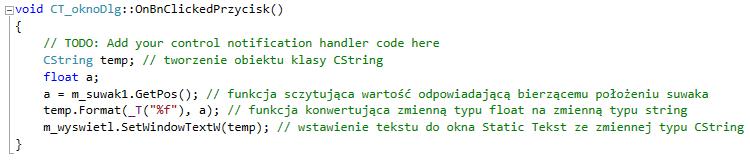 a) b) Rys. 15 Definiowanie parametrów obiektu typu Slider Control a) kod programu b) program po skompilowaniu Jak widać na rys.