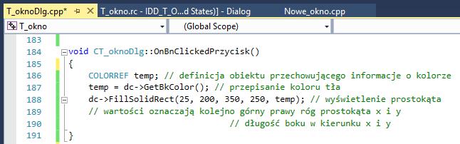 Po przejęciu kontekstu okna można już narysować prostą figurę geometryczną jaką jest prostokąt. W pierwszej kolejności konieczne jest zdefiniowanie koloru tego prostokąta.