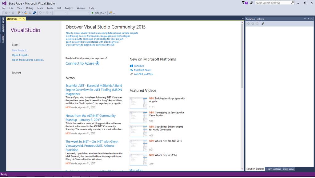 1. Tworzenie nowego programu Po uruchomieniu programu Microsoft Visual Studio 2015 na ekranie monitora powinno pojawić się okno przedstawione na rys.1 New Project Rys.