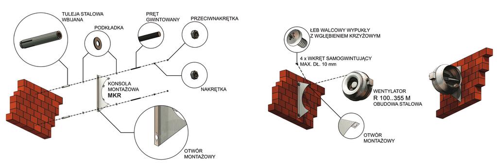 Wentylatory kanałowe R/RS/Zerobox Schematy montażowe Montaż wentylatora R z