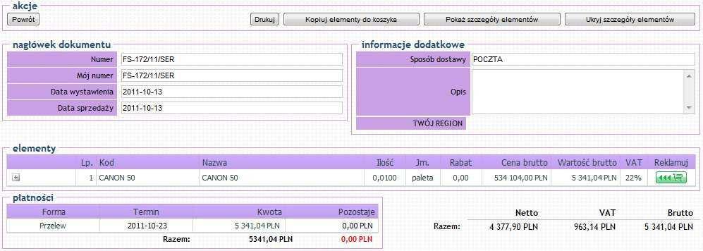 Z poziomu strony możliwe jest wyświetlenie szczegółowych informacji dotyczących dokumentu. Informacje te wyświetlane są po naciśnięciu na numer konkretnego dokumentu:.