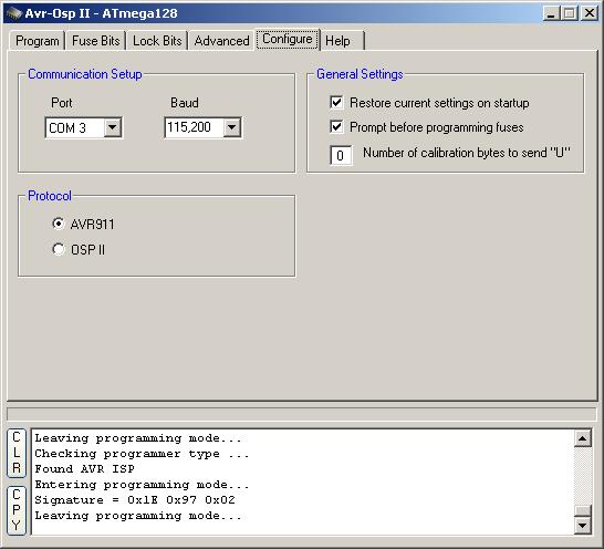 Przed przystąpieniem do programowania należy przejść do zakładki Configure i w polu Communication Setup ustawić numer portu na którym zainstalowany jest programator oraz prędkość transmisji Baud na