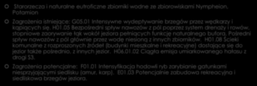 c.d. Starorzecza i naturalne eutroficzne zbiorniki wodne ze zbiorowiskami Nympheion, Potamion Zagrożenia istniejące: G05.01 Intensywne wydeptywanie brzegów przez wędkarzy i kąpiących się. H01.