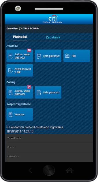 6. Dostęp mobilny Dzięki aktualizacji systemu CitiDirect EB do nowej wersji zostanie ulepszony również dostęp mobilny. Wersja mobilna zyska lepszą funkcjonalność i przejrzysty interfejs.