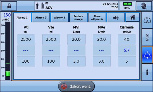 Korzystanie z urządzenia Astral Menu Alarmy Menu alarmów wyświetla poszczególne wartości progowe powodujące uruchomienie poszczególnych alarmów.