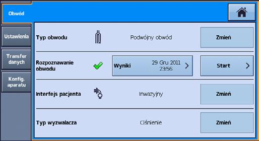 Montaż obwodów pacjenta Rozpoznawanie obwodu W celu obsłużenia szerokiego zakresu konfiguracji obwodu oraz akcesoriów, urządzenie Astral udostępnia funkcję Rozpoznawanie Obwodu do ustalania