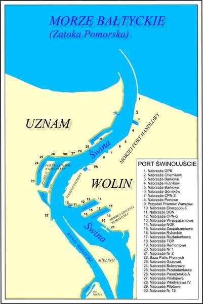 Na mapie nr 2 przedstawiono rozmieszczenie kanałów i nabrzeży Portu w Świnoujściu. Mapa 2. Rozmieszczenie kanałów i nabrzeży Portu w Świnoujściu [27-28].