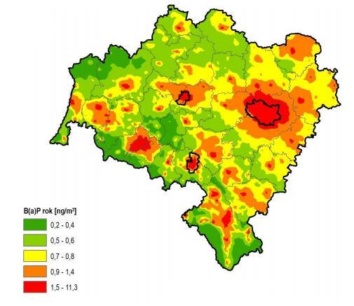 Rys. 22 Rozkład liczby dni z przekroczeniami dopuszczalnych dobowych stężeń 8- godzinnych ozonu na terenie województwa dolnośląskiego w 2015 roku.