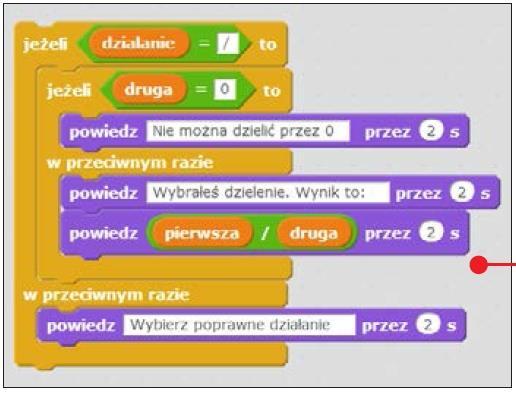 7. Nie możemy jednak pozostawić dzielenia takim, jakie jest. Gdyby użytkownik wpisał jako drugą liczbę 0, to program nie wyliczyłby żadnego wyniku. Przez 0 nie można przecież dzielić.