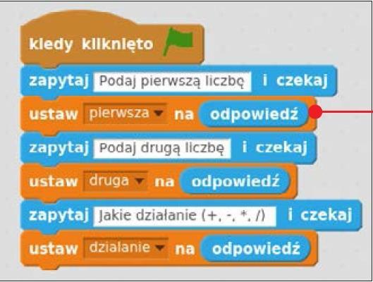 2 Nasz program musi zbierać w pierwszej kolejności dane w postaci dwóch liczb podanych przez użytkownika oraz działania, które ma zostać wykonane.