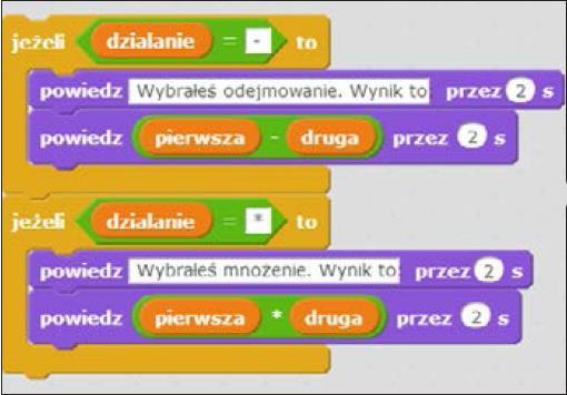 5. W analogiczny sposób będziemy postępowali, dodając instrukcję warunkową do odejmowania i mnożenia.